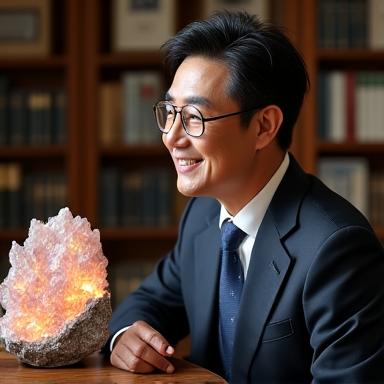 書斎で満足そうに鉱物アートを眺める佐藤様