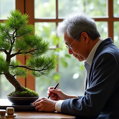若い生徒と一緒に盆栽の手入れをする鈴木様