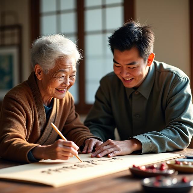 高齢の女性が若い男性に書道を教えている温かいシーン